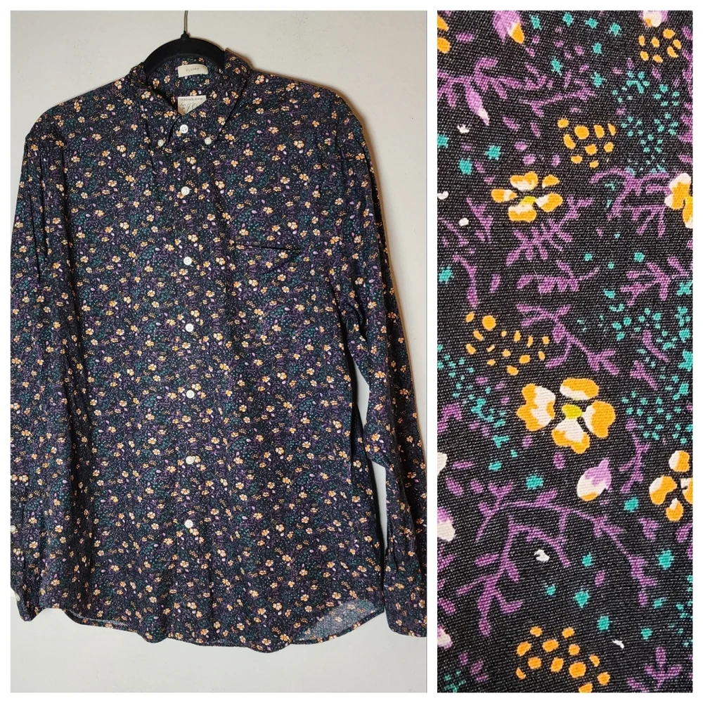 J. Crew Secret Wash Cotton Poplin Long Sleeve Button Shirt Yellow Green Floral M